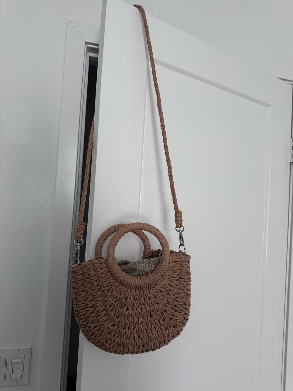 Woven Round Handle Crossbody Bag - Tan - Picture 2 of 3